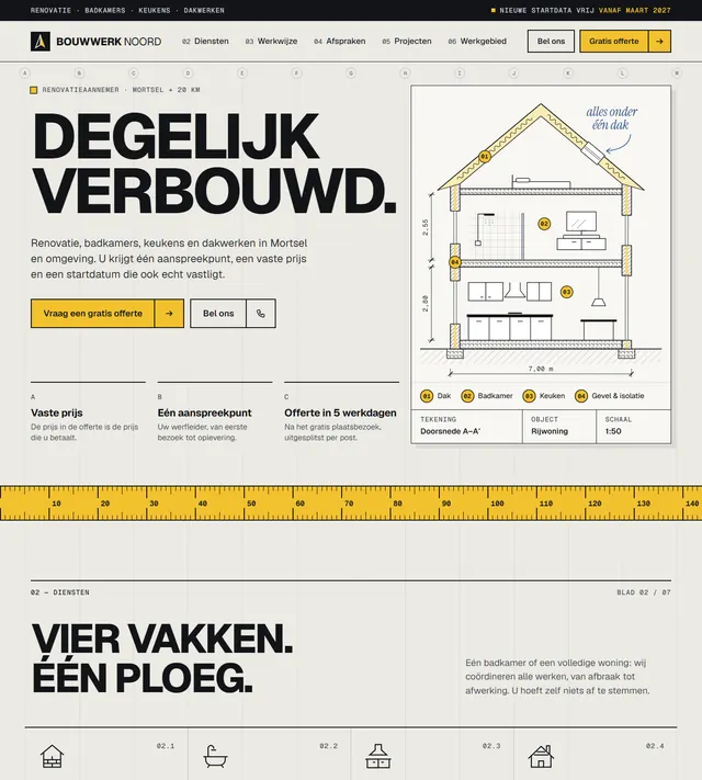 Homepage van Bouwwerk Noord, een fictieve renovatiefirma: de titel 'Degelijk verbouwd' en een knop om een gratis offerte te vragen.