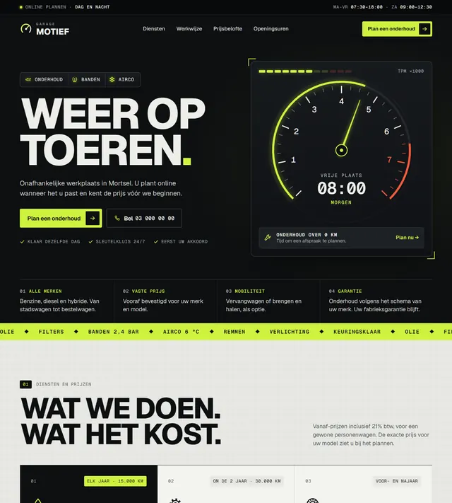 Homepage van Garage Motief, een fictieve garage: de titel 'Weer op toeren' en een knop om een onderhoud in te plannen.
