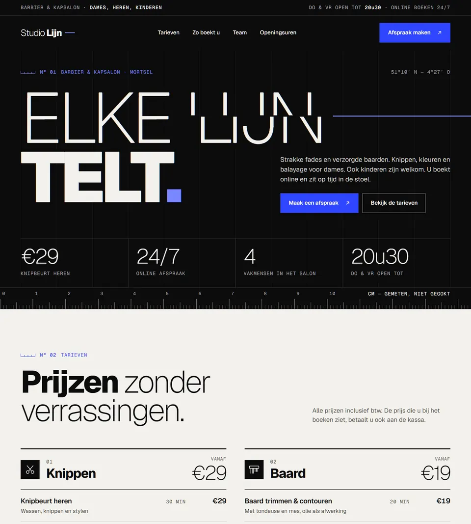 Homepage van Studio Lijn, een fictieve kapper en barbier: de titel 'Elke lijn telt', prijzen en een knop om een afspraak te maken.