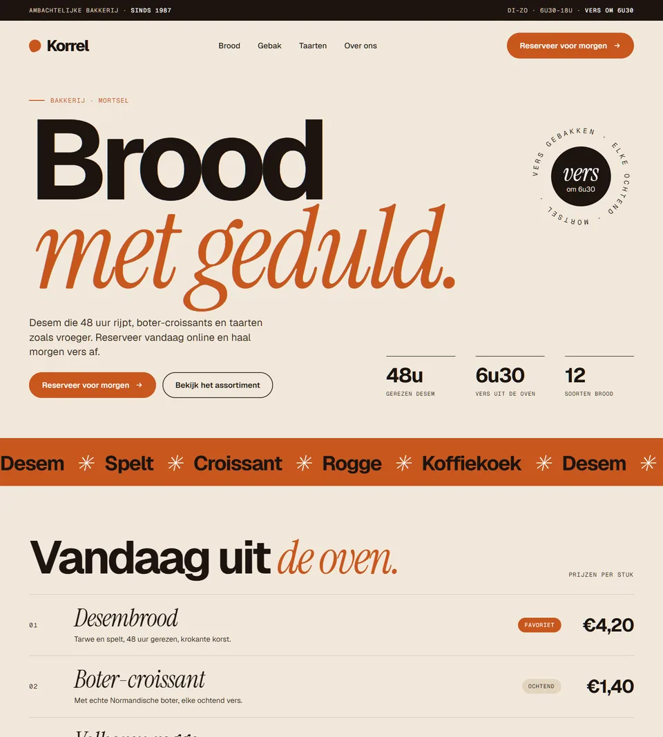 Homepage van Korrel, een fictieve bakkerij: de titel 'Brood met geduld', openingsuren en een knop om een bestelling aan te vragen.