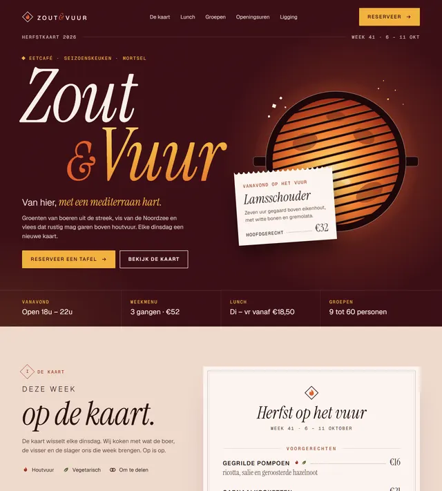 Homepage van Zout & Vuur, een fictief eetcafé: de titel 'Zout & Vuur', openingsuren en een knop om een tafel aan te vragen.